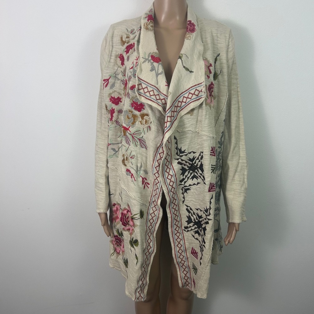 Coldwater Creek Embroidered Floral Open Cardigan Jacket PL Boho Art to Wear